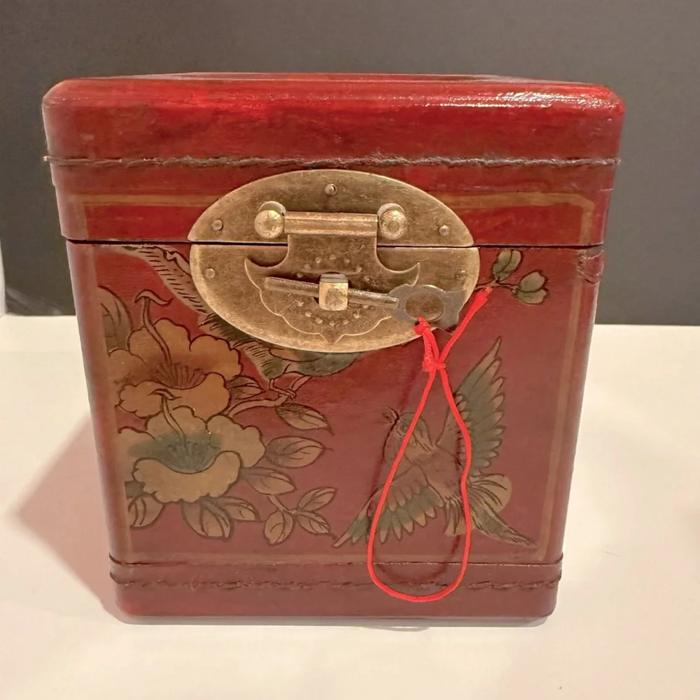 Red Decorative Tissue Box with Floral Design and Brass Lock & Key